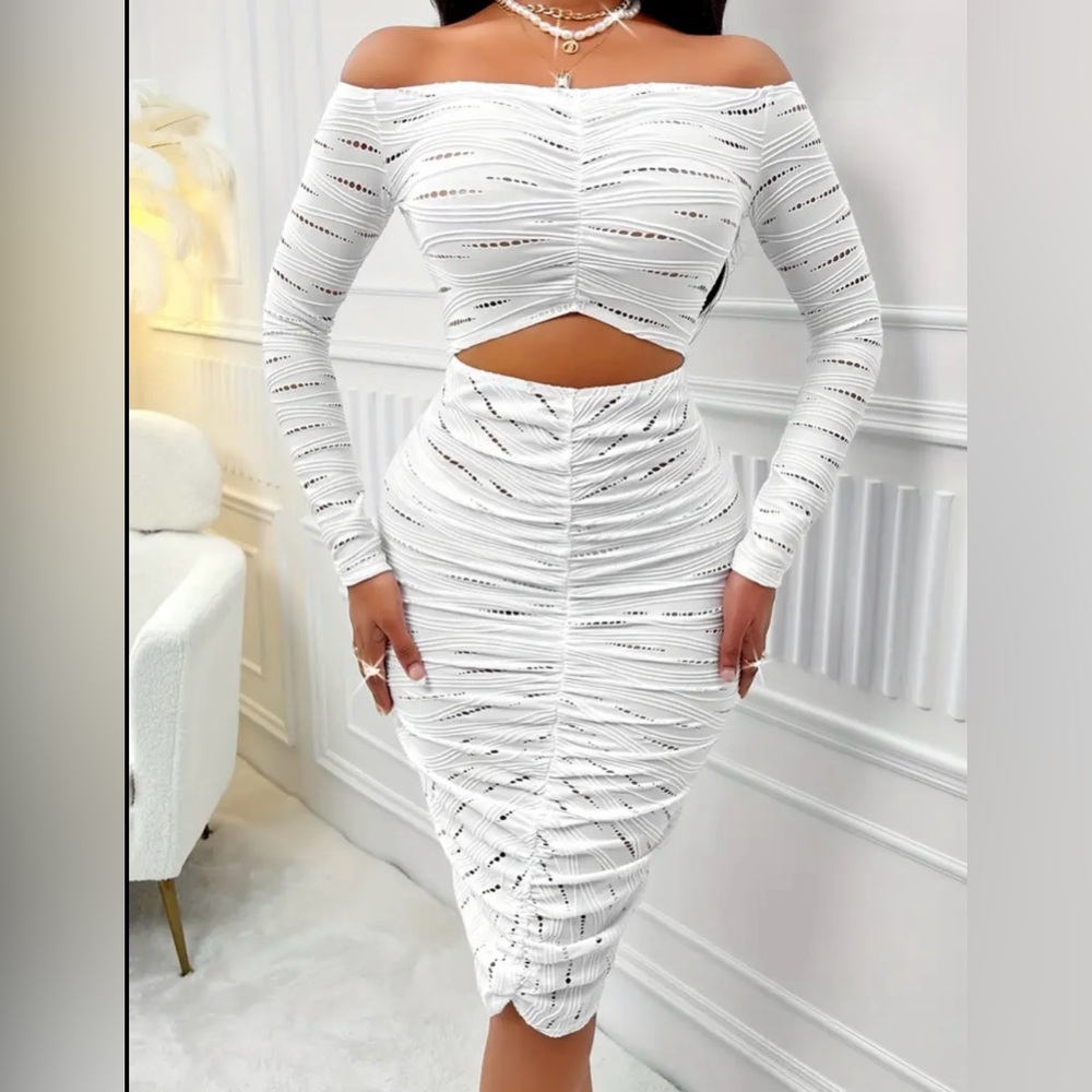 NEW - Off Shoulder Ruched Eyelet - Long Sleeve Cut Out Bodycon Dress for Spring